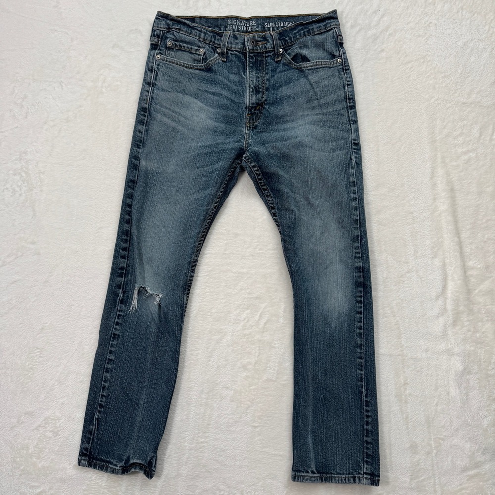 Signature Levi Strauss Jeans Mens Blue Slim Straight Stretch Distressed